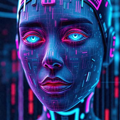 The primary subject of the image is a woman with blue eyes and a pink and blue headpiece. She is wearing a futuristic outfit and has a blue and pink headpiece. The setting is a futuristic environment, and the visual style is digital art. The colors and mood of the image are vibrant and futuristic.
